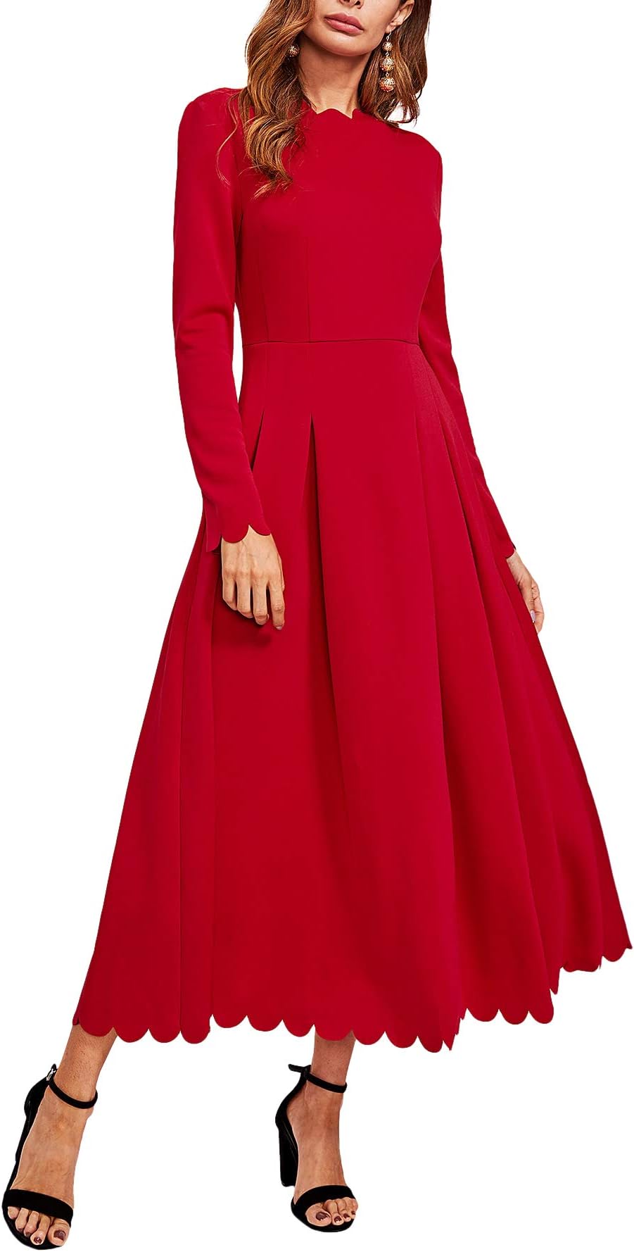 Milumia Women's Scallop Trim Neck Edge Long Sleeve Boxed Pleated High Waist Long Dress Z-Red-1 S