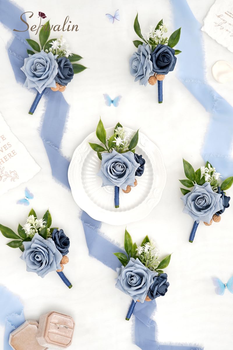 Serwalin Boutonniere da uomo, 6 pezzi, blu corsetto per sposo, testimone dello sposo, fiore all'occhiello per matrimoni, accessori floreali e decorazioni per abiti da ballo