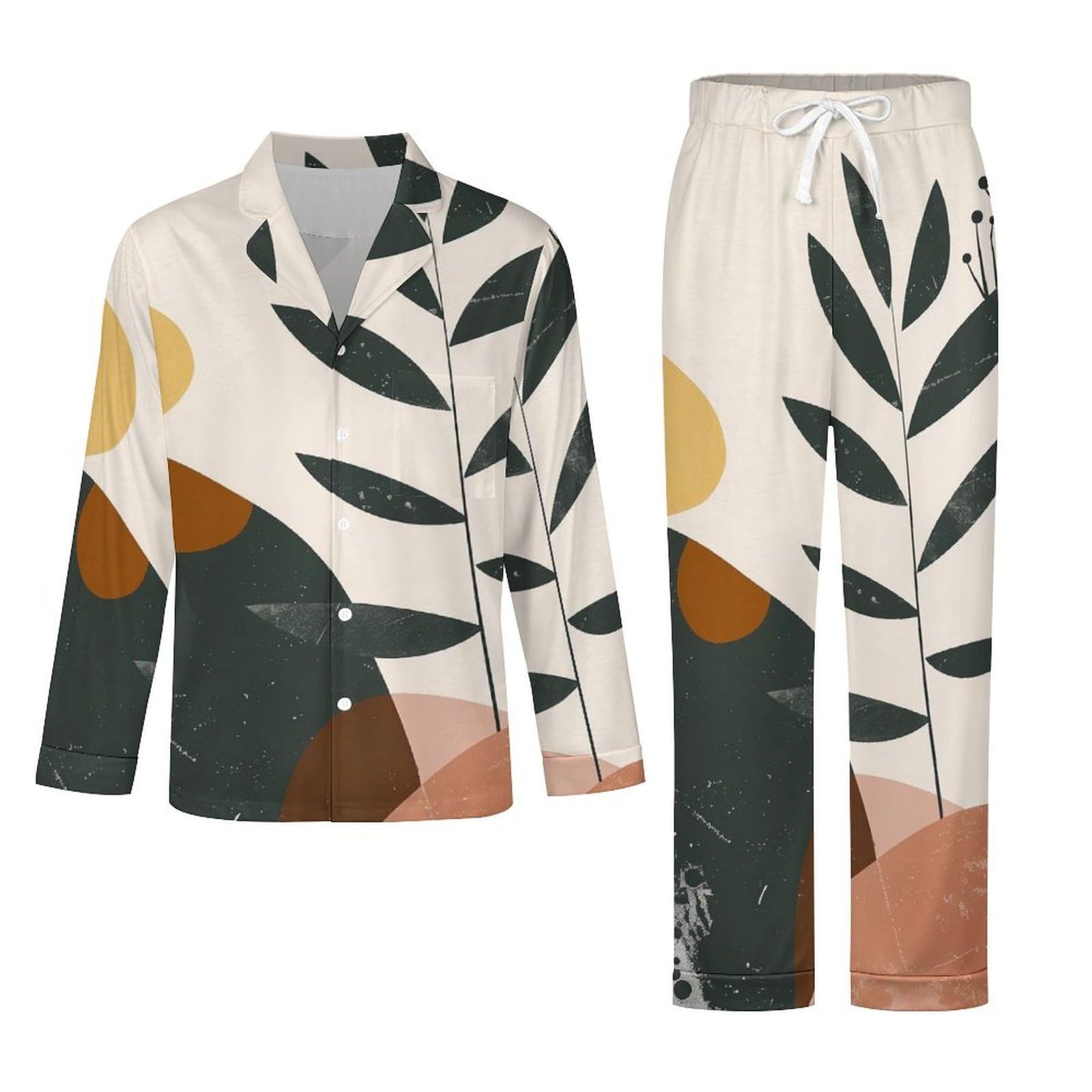 OLEETS Completo Pigiama da Uomo - Piante Frondose Pigiama Invernale Pantaloni Top Caldo Autunnale Traspirante Morbido 2 Pezzi Casual Ampio