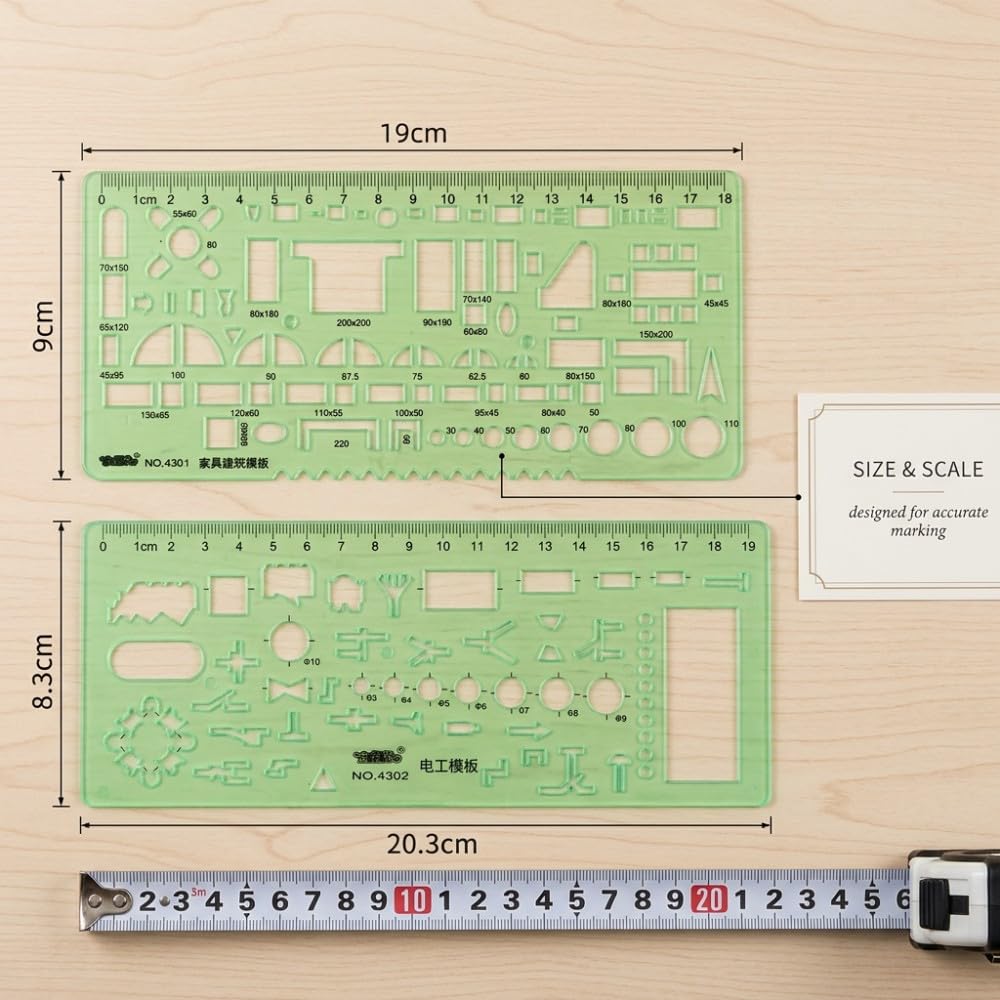 2 Piezas Plantillas de Dibujo Geométrico Regla de Medición para Arquitectura Muebles y Electrotécnica Esténciles Verde Claro para Círculos y Óvalos Herramientas de Dibujo Oficina Escuela