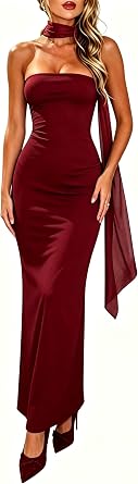 Womens Strapless Maxi Dress with Scarf Sexy Y2k Backless Bodycon Elegant Tube Wedding Guest Club Party Dress