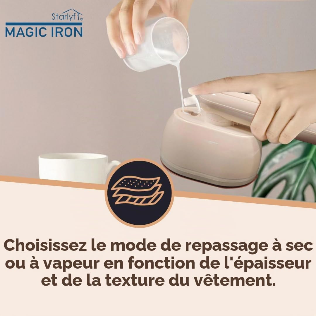 STARLYF Magic Iron Vaporisateur pour vêtements à main, chauffage rapide 20 s, réservoir 100 ml, double fonction sec et humide, poignée rotative à 90°, plaque triangulaire, design compact, idéal pour