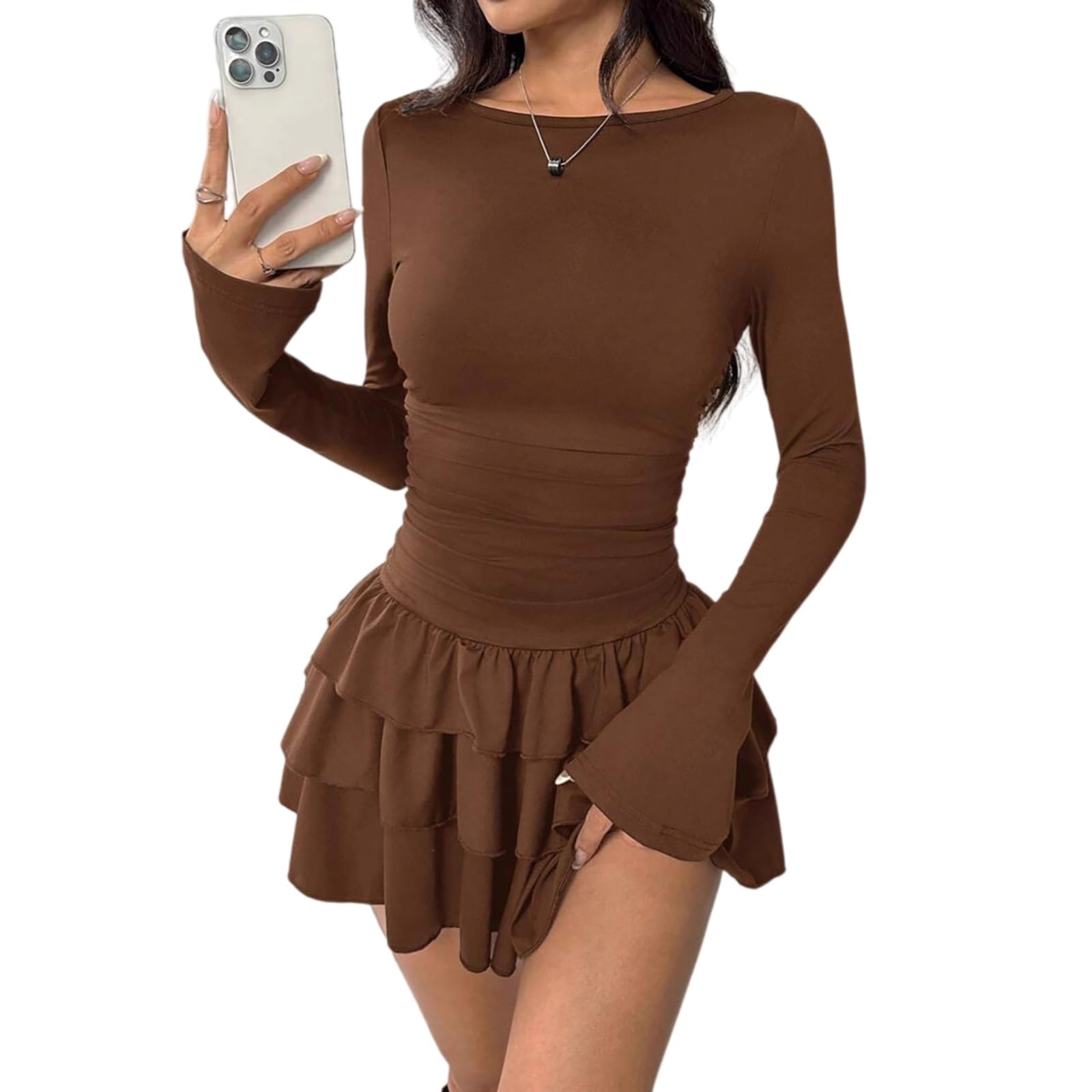 Vestito Donne Elegante Mini Abito, Slim Fit Alta Vita Ruffle Abito con Manica Flare, Bodycon Party Dress Autunno Inverno-Coffee-m