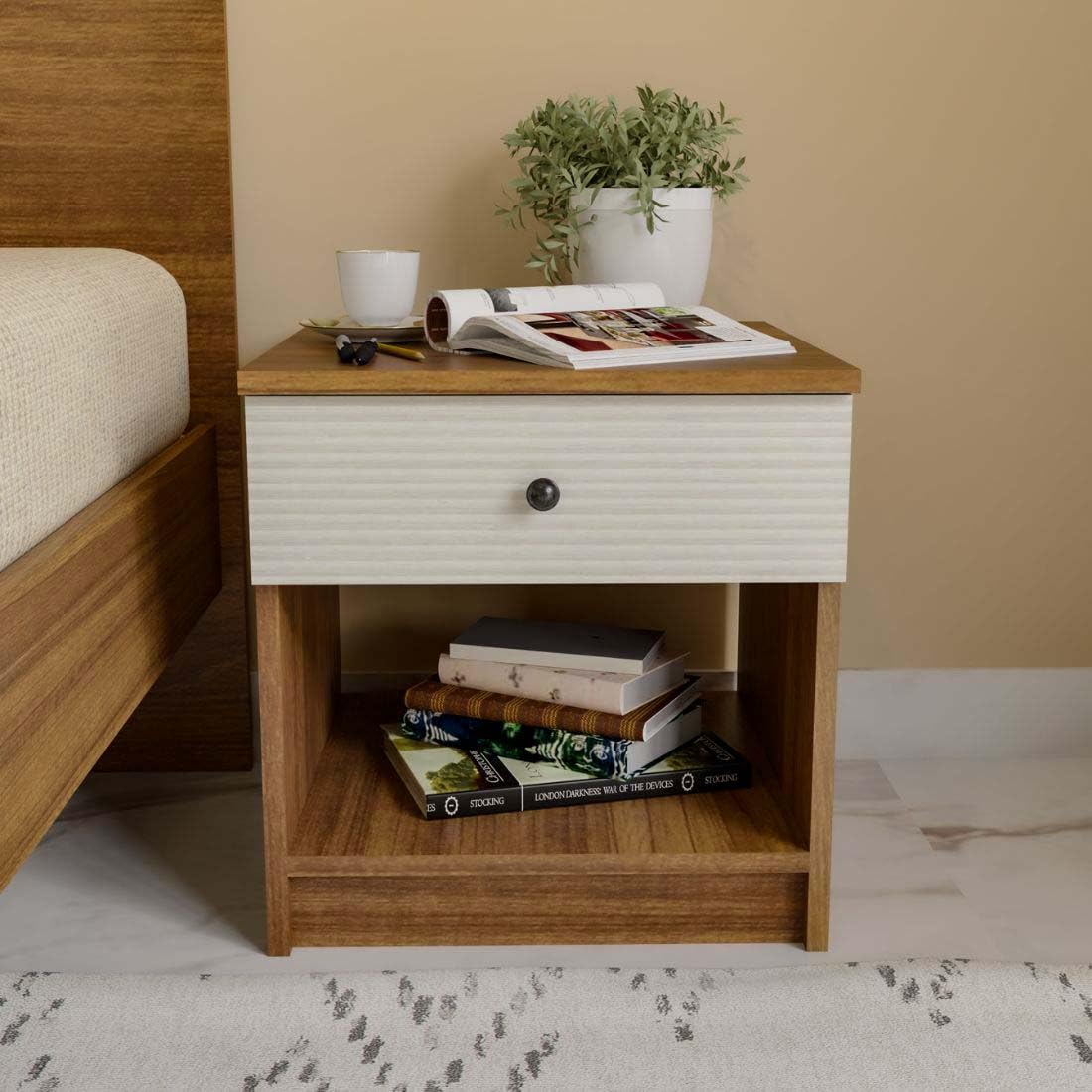 NEUDOT Wave Fluted BST Engineered Wood Bedside End Table with 1 Drawer Storage Night Stand for Bedroom Living Room Home Premium Craftmanship Leon Teak Finish DIY (Do-It-Yourself)
