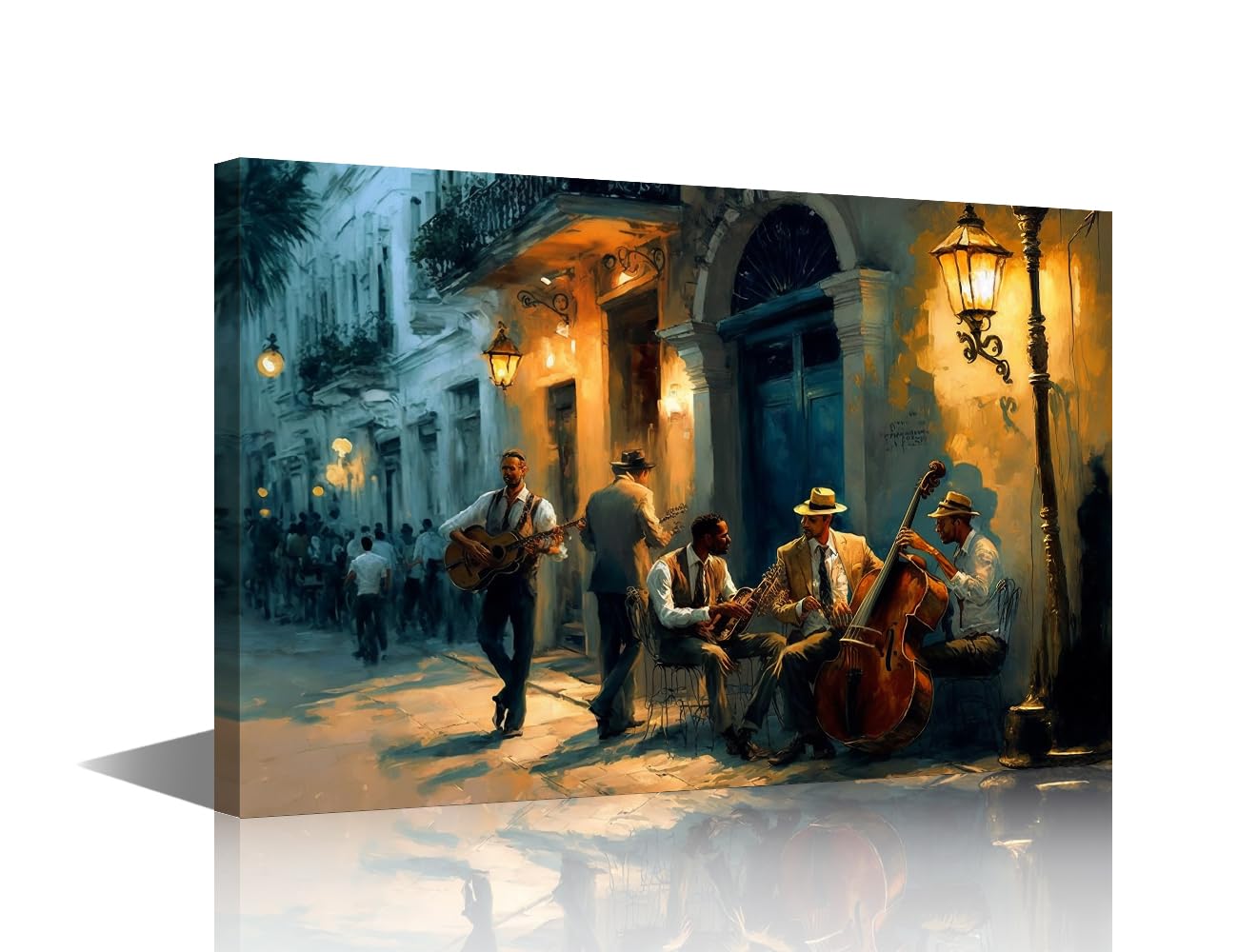TISHIRON Canvas Art Wall Decor Illustration of Jazz Band Havana Street Oil Painting Style Wallpaper Vintage Art Prints Poster for Living Room Bedroom Wall Art Decor Framed Ready to Hang 36"x24"