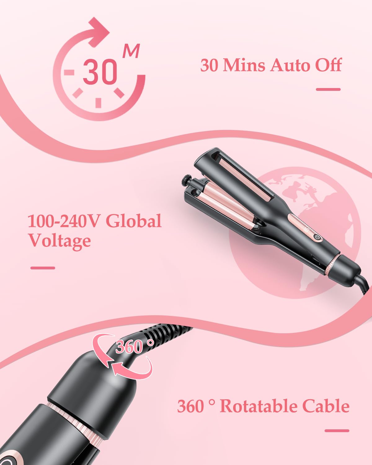 Raglory 4 in 1 Adjustable Hair Crimper Waver，3-Barrel Curling Iron with 4 Heat Settings(280℉-410℉), Crimping Iron with Digital Display, 30S Fast Heat Up and Anti-Scald Design, Rose Gold — view 8