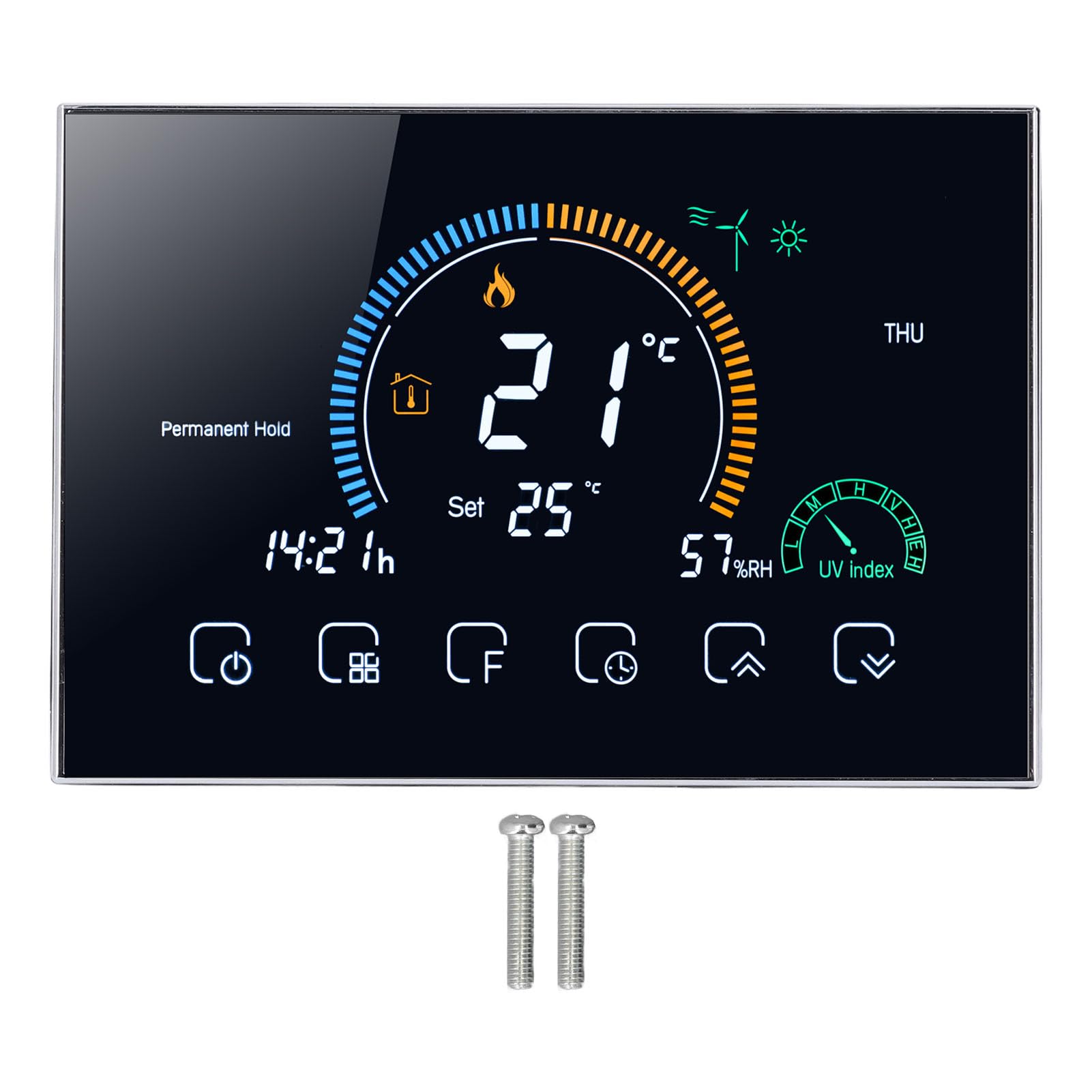 Programowalny inteligentny regulator temperatury 95–240 V do systemów HVAC — termostat centralnego klimatyzatora z ekranem dotykowym LED i łącznością Wi-Fi, czarne wykończenie, (Czarny)