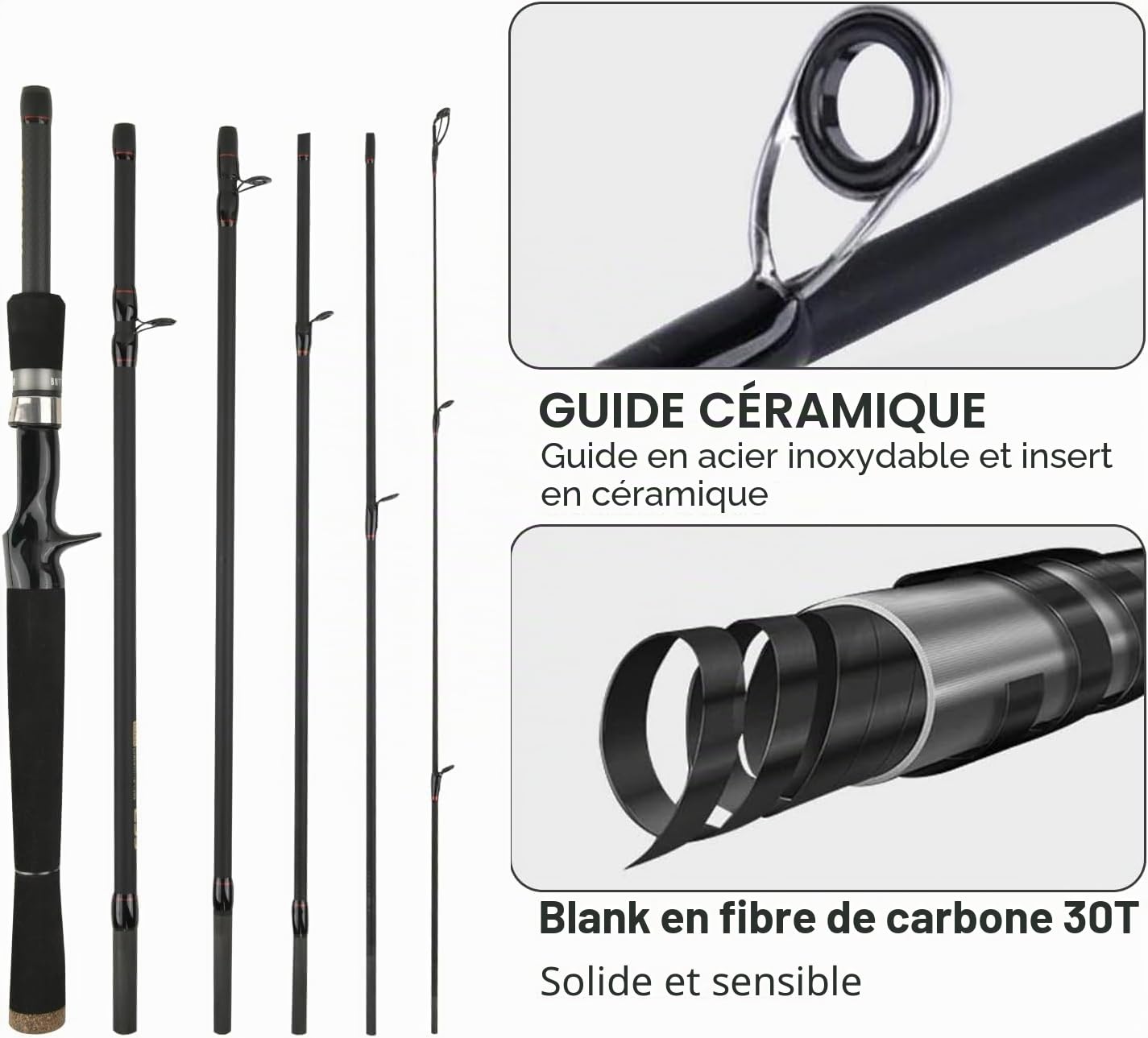 Baitcasting Canne à pêche 2.1M Super Dur Fibre de Carbone poignée EVA Portable léger 6 Sections Canne articulée pour Voyage Surf Eau salée Eau