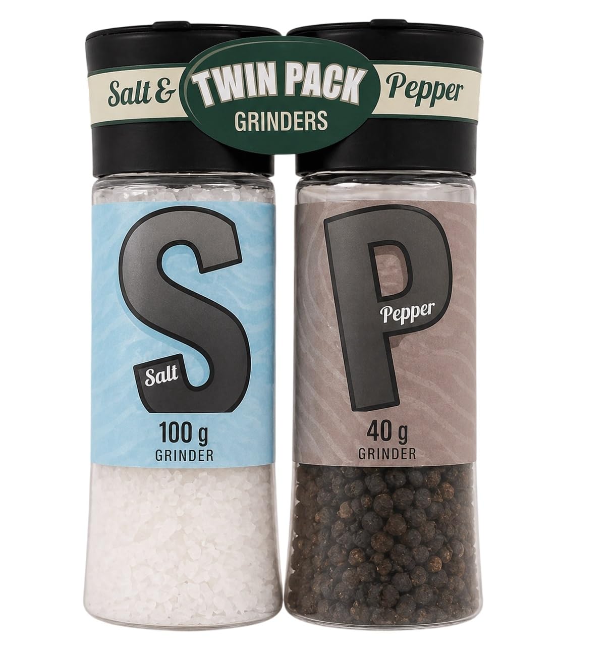 Salt and Pepper Grinder Set 2 Pack Sea Salt 100g Black Pepper 40g Mills Kitchen Seasoning AB