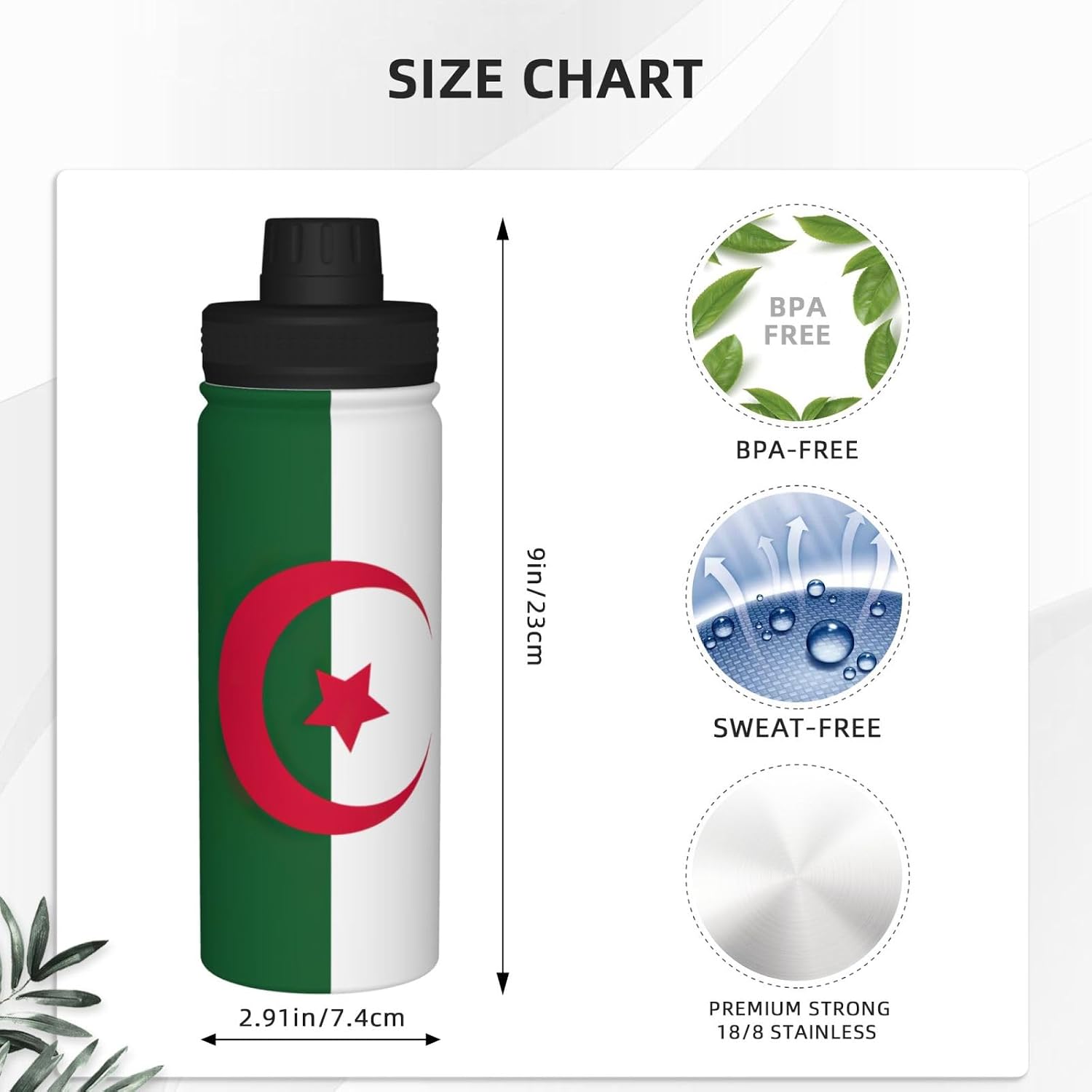 Flag of Algeria Printed Vacuum Insulated Water Bottle, 18OZ Stainless Steel Kettle, Single-Hand Operation Lid