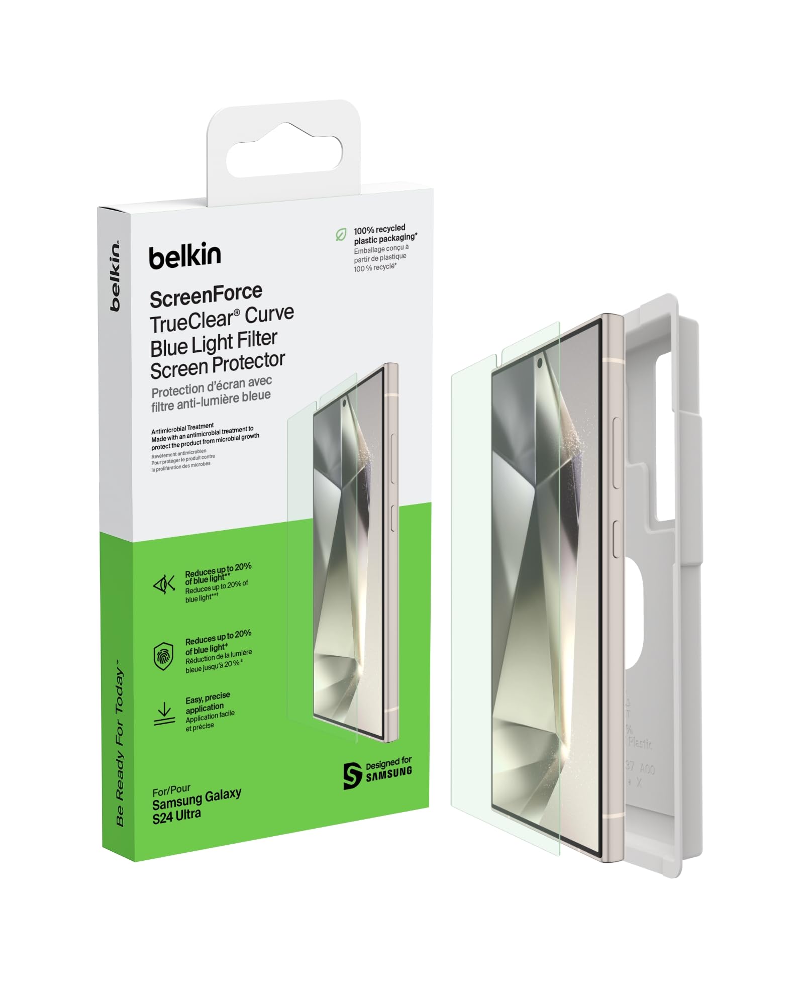 Belkin ScreenForce TrueClear Curve protector de pantalla para Samsung Galaxy S24 Ultra con cobertura de borde a borde, filtro de luz azul, aplicación sin burbujas con la bandeja de alineación fácil