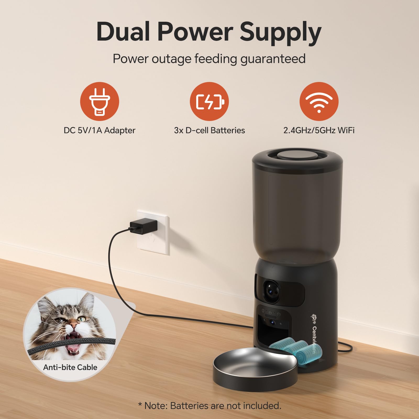 Automatic Cat Feeder with Dual 2K HD Camera, Smart Pet Food Dispenser for Timed Meals, APP Control Laser Interactive Toy Treat Feeders with 2.4G / 5G WiFi, Black