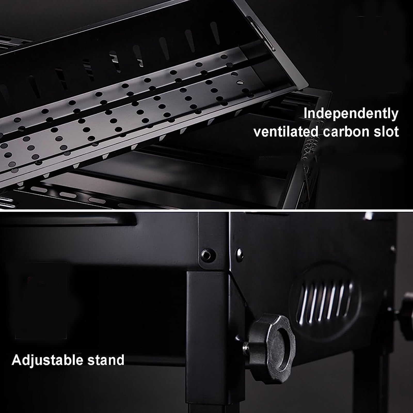 Gril Charbon Bois, Fente Charbon ventilée indépendamment, Support réglable, avec poignée Anti-brûlure, avec Trous Ventilation, avec Plateau d'extension, pour Barbecue Jardin, Voyage