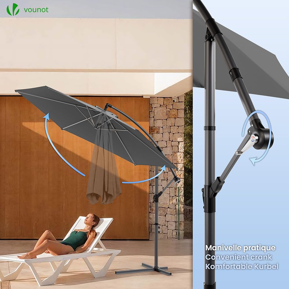 vounot® Parasol déporté hexagonale 3M avec Manivelle Anti-Retour Parasol déporté inclinable Toile 180 gr/m2 avec protection UV Hauteur 235cm 6 Baleines en acier Inclus housse de protection Kaki
