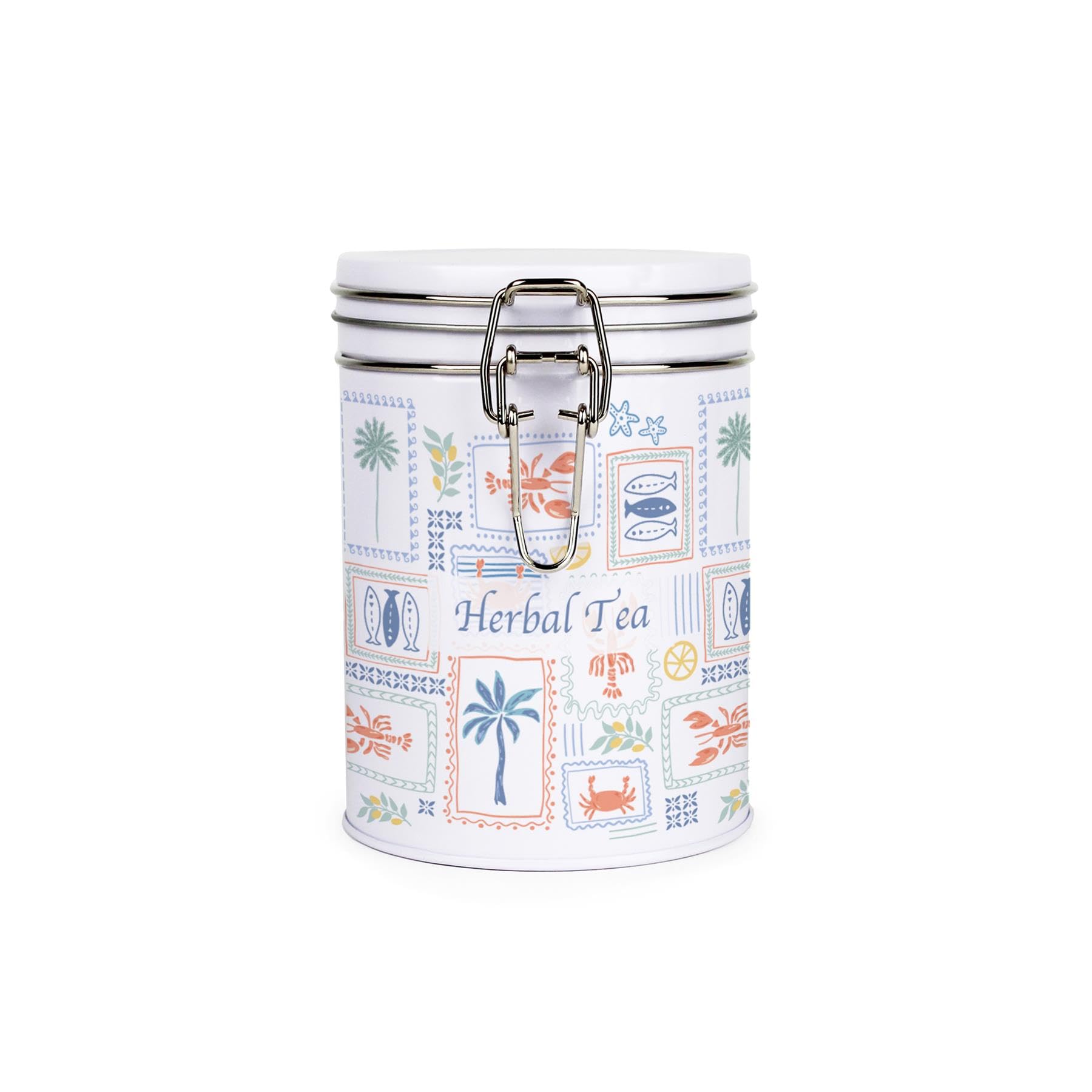 Purely Home Mediterranean Summer Herbal Tea Canister - Metal Clip Lid Kitchen Storage Container Gift 700ml (13cm x 9.5cm)