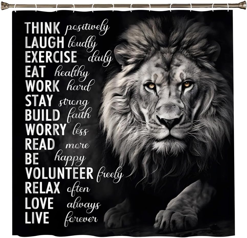 Lion Shower Curtain Africa Wild Animal Wildlife Inspirational Motivational Quote Funny Safari Men Boys Cool Bathroom Decor Cloth Curtains Set with Hooks 84Wx70H Inch