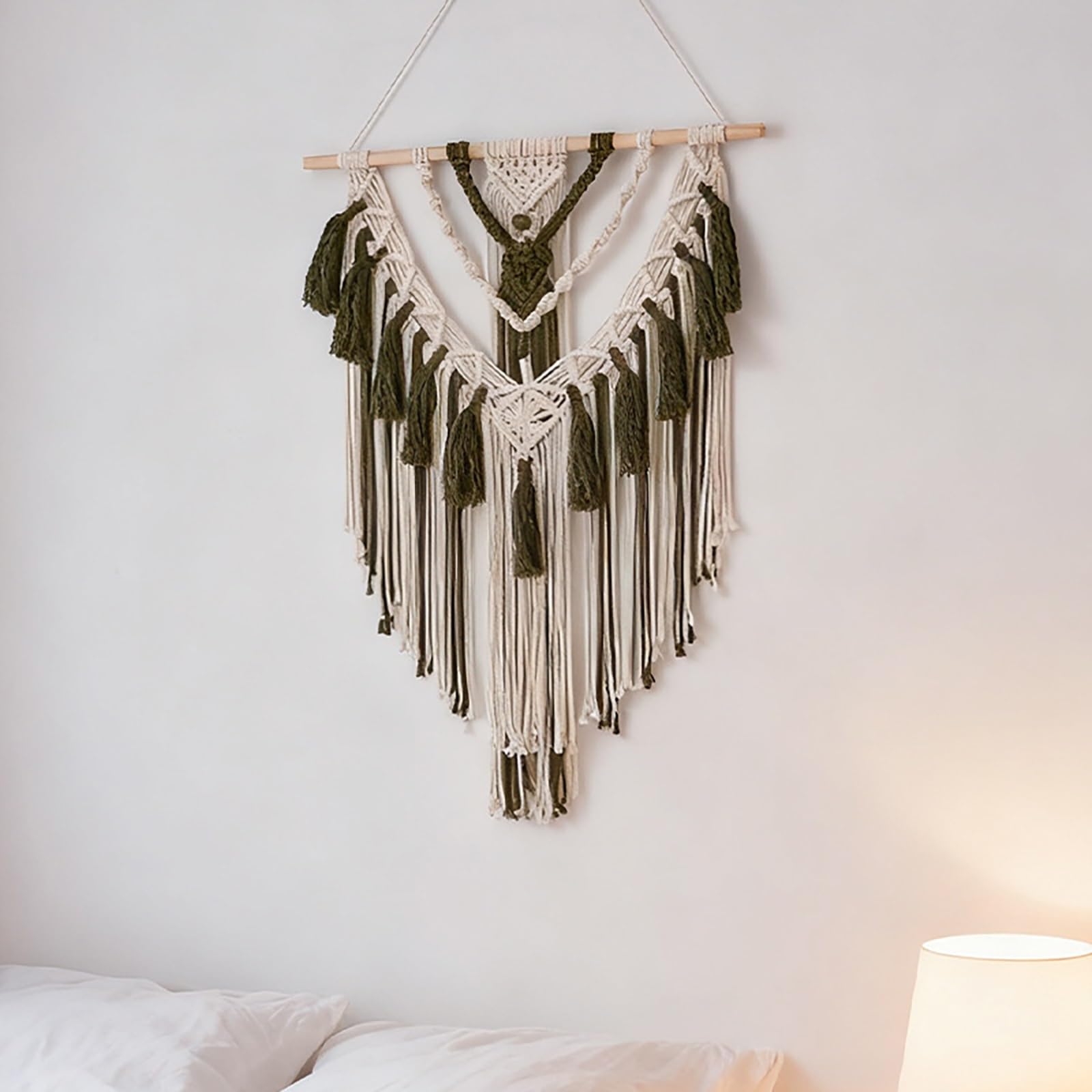 TaLcuS Dekoracja ścienna w stylu boho, makrama, liście i pióra, ręcznie tkany gobelin, nowoczesna dekoracja domu boho szykowna ozdoba do sypialni, salonu, mieszkania (A2)