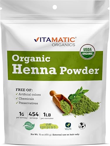 Vitamatic Polvo de henna orgánico certificado por USDA, 1 libra (16 onzas), color natural para el cabello, sin productos químicos