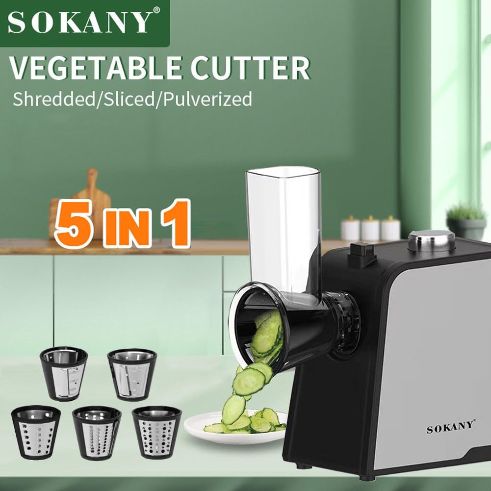 SOKANY 1000W Grattuggia Elettrica, Affetta Insalata con 5 inserti extra-affilati, Tritatutto Per Verdura e Frutta per Grosso, Fine, Affettato, Tritato, Facile da Pulire (SK-06018)