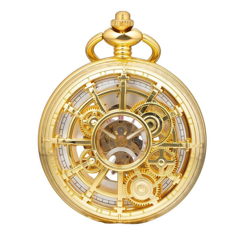 Steampunk Gold Pocket Watch Skeleton Mechanical Gear Hand-Wind Roman Numerals Antique Chain Mens-image-45