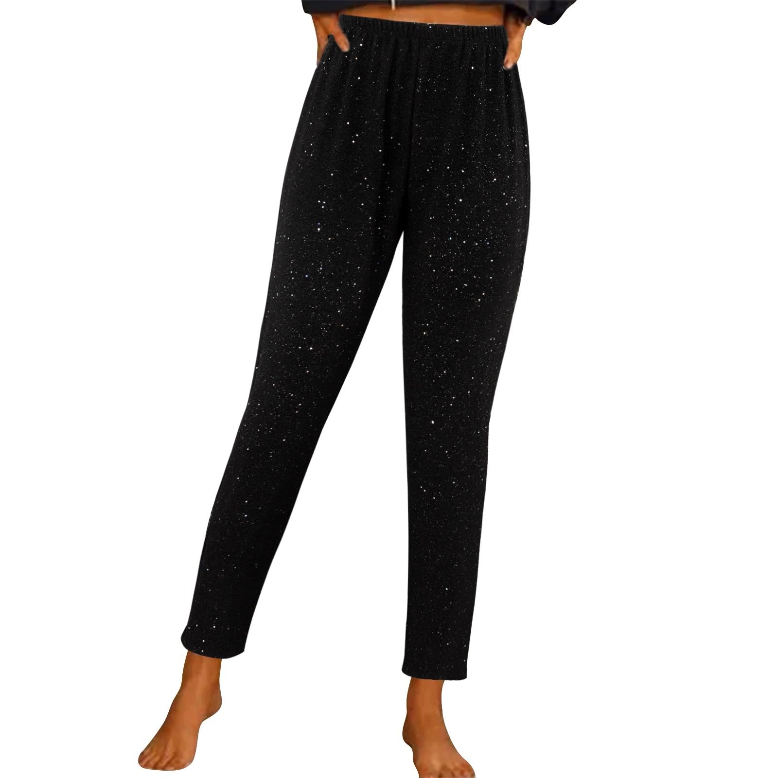 Generico Legginsy damskie metaliczne srebrne brokatowe długie spodnie imprezowe z cekinami, duże rozmiary brokatowe legginsy na Nowy Rok, eleganckie legginsy do dyskoteki, nieprzezroczyste spodnie