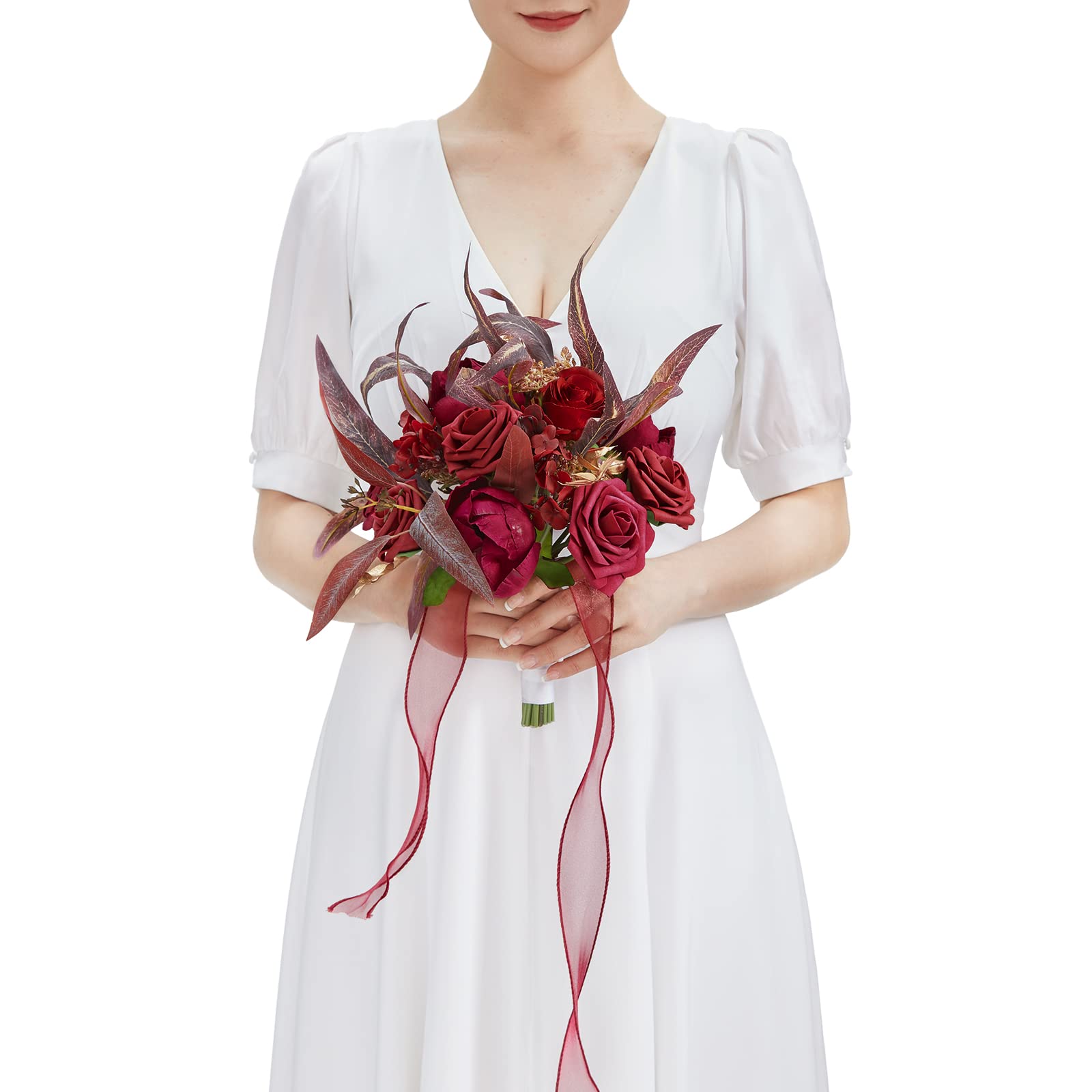 TINGE TIME 9 Inch Wedding Bouquets for Bride, Artificial Flower Cascading Bridal Bouquet for Wedding Ceremony Anniversary, Bridal Shower, Party and French Rustic Vintage Wedding (Rose Red)