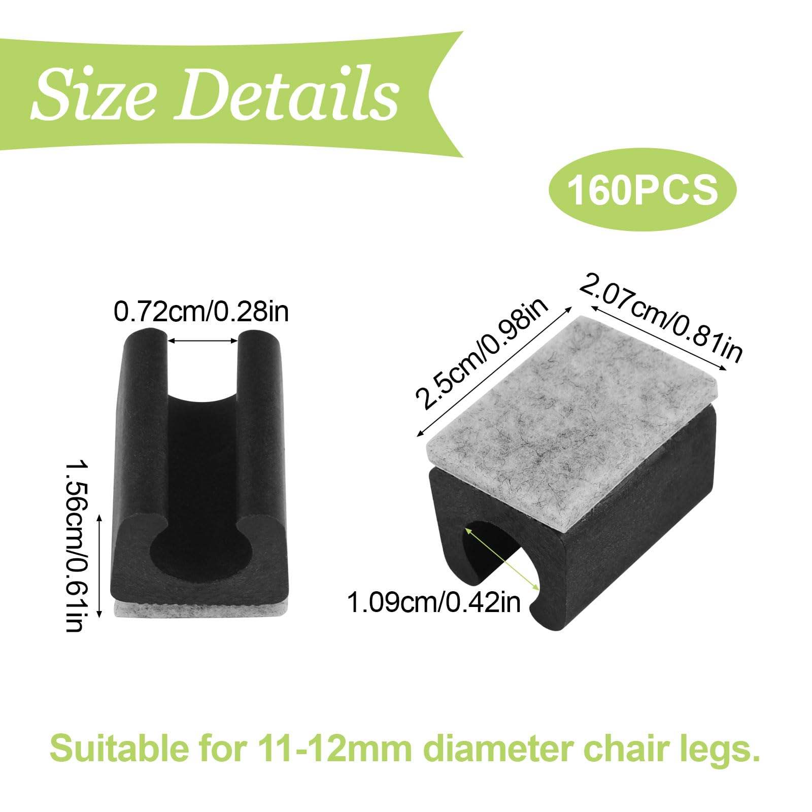 Almohadillas para silla, 160 unidades de 11-12 mm protectores de suelo de plástico con tubo de fieltro en forma de U antideslizante para patas de base redonda