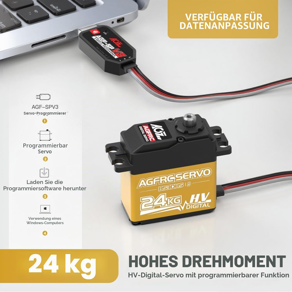 AGFRC 24 kg digitales Servo mit hohem Drehmoment aus Metall, programmierbar, für 1/10 RC Modell, 180 Grad (B53DHS)