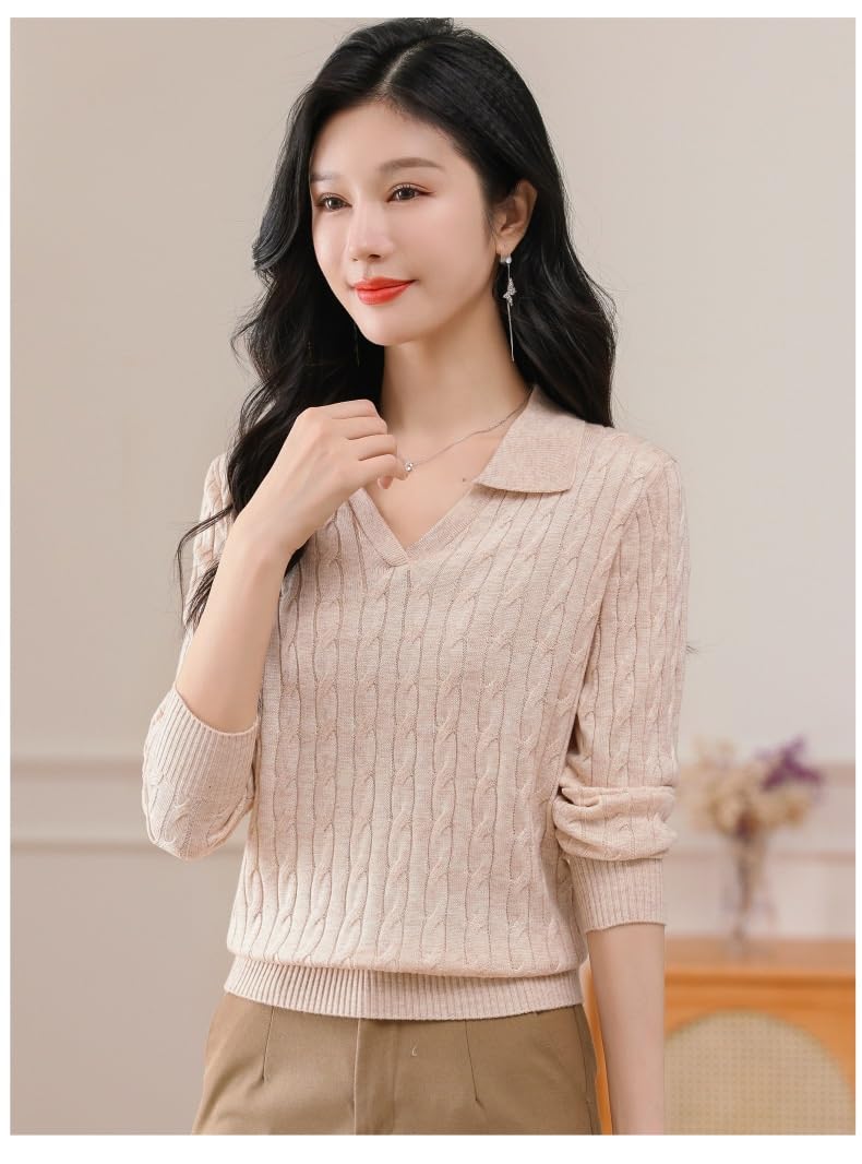 Maglioni da Donna con Scollo a V, Maglione Lavorato a trecce, Pullover Casual Elegante, Top Autunno Inverno alla Moda(Beige,M)