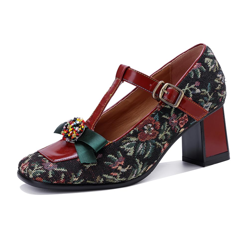 Little KAKA Damen Leder T Strap bunten Mary Jane Schuhe Block Heels Mary Jane Dressing Schuhe