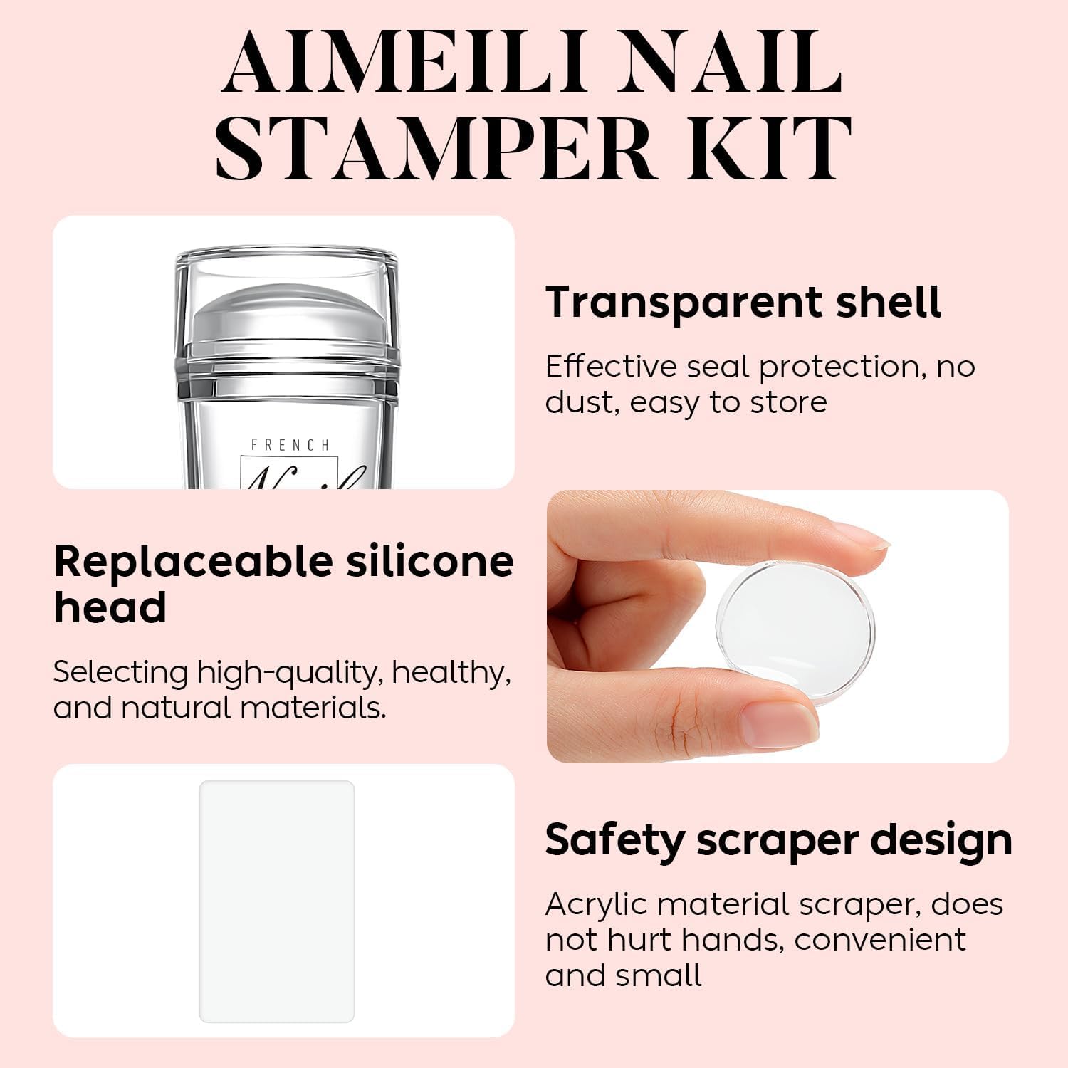 AIMEILI French Tip Nail Stamp 4PCS Nail Art Stamper Kit Clear Silicone Double Head Nail Stamper with Scrapers