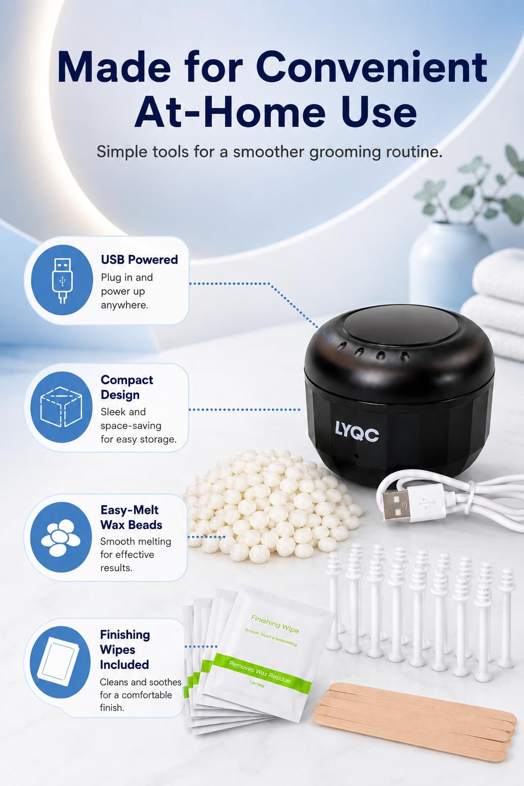 Nasenwachs-Set für Herren, Mini-Wachswärmer für Nase, Augenbrauen, Ohren, Haarentfernung, Wachsset mit USB-Schnellheizung, inklusive 100 g Perlen und 30 Stäbchen, tragbare Wachsmaschine, geeignet
