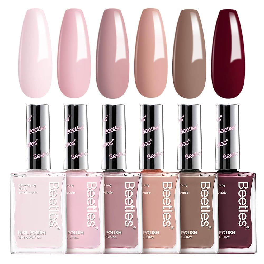 Beetles - Juego de 6 esmaltes de uñas color nude, mousse de coco, de secado rápido, color rosa, de larga duración, neutro, marrón, rojo, borgoña, esmalte oscuro, brillante, para resultados de calidad 8