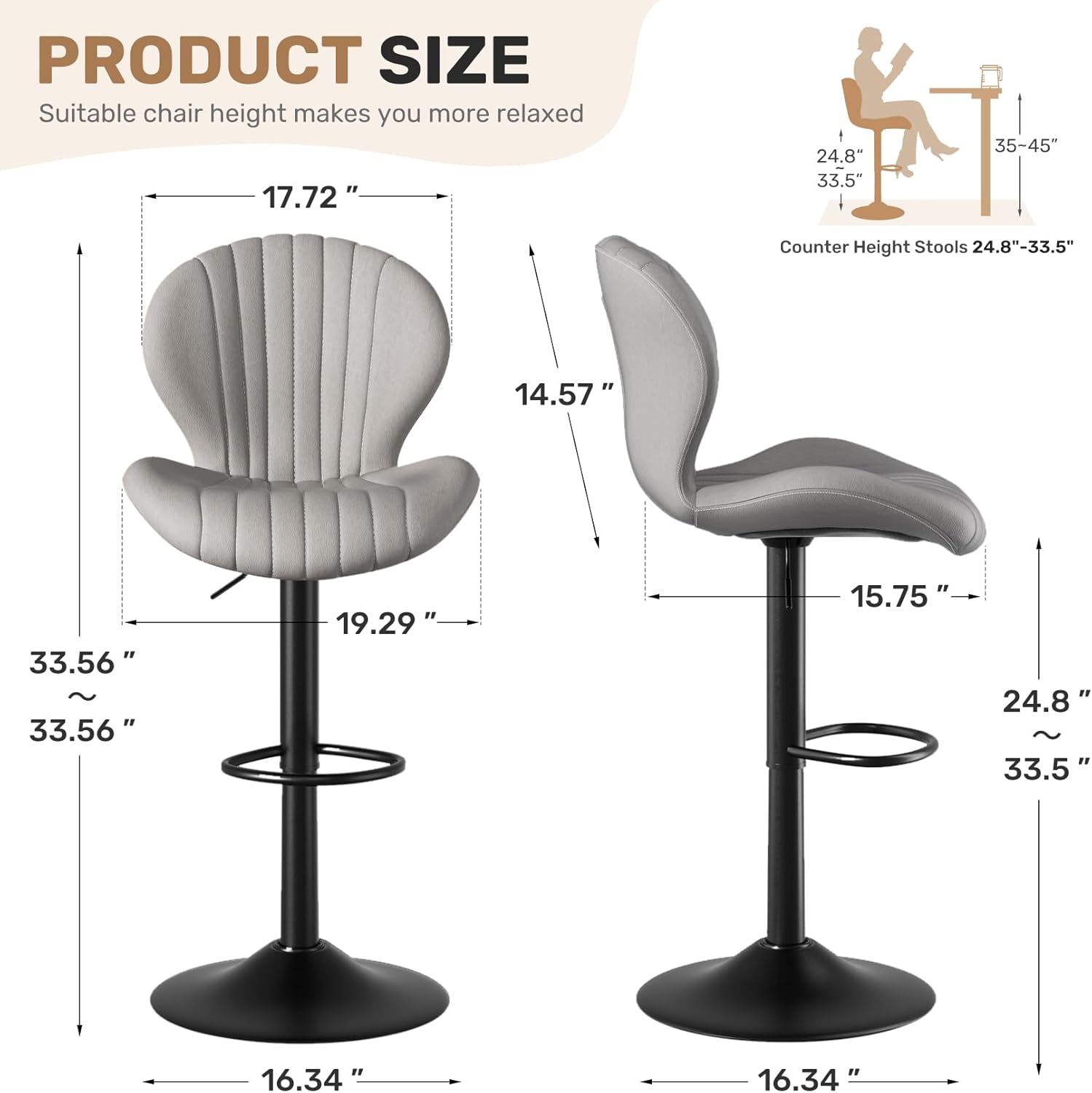 Modern Bar Stools Set of 4, 360° Swivel Bar Chairs, Adjustable Counter Height Barstools with High Backrest, Upholstered, Easy Assembly for Bar Kitchen Island, Light Grey
