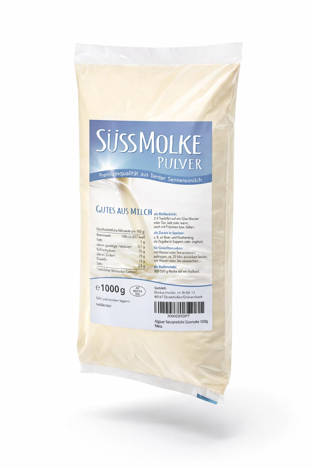 Allgäuer Naturprodukte Süßmolke 1000g – Natürliches Molkepulver für Drinks, Backen, Kochen & Beauty-Anwendungen – Vielseitig & Hochwertig