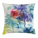 Ambesonne Palm Tree Throw Pillow Cushion Cover, Retro Design Watercolor Art Silhouettes of Hawaiian...