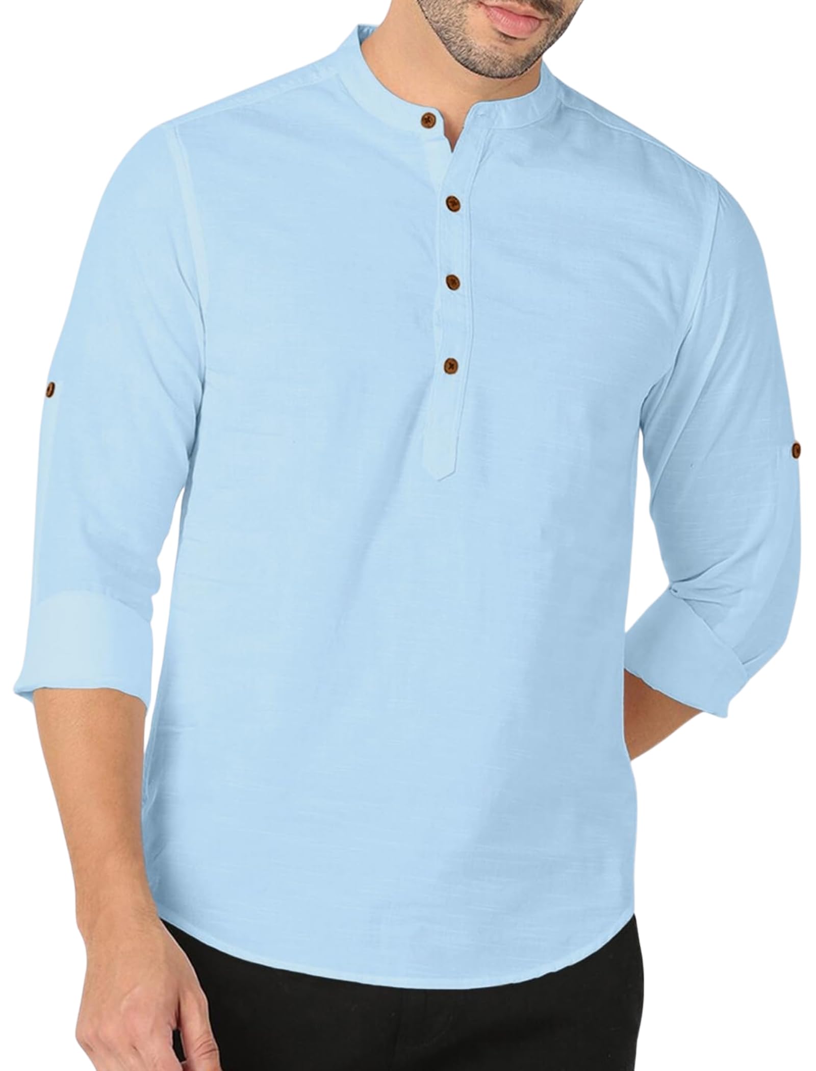 Men’s Solid Kurta Shirt Full Sleeve Mandarin Collar Stylish Cotton Blend Kurta for Men Regular Fit Ethnic Wear Casual Festive Kurta Top Modern Short Kurta for Men-picture-14