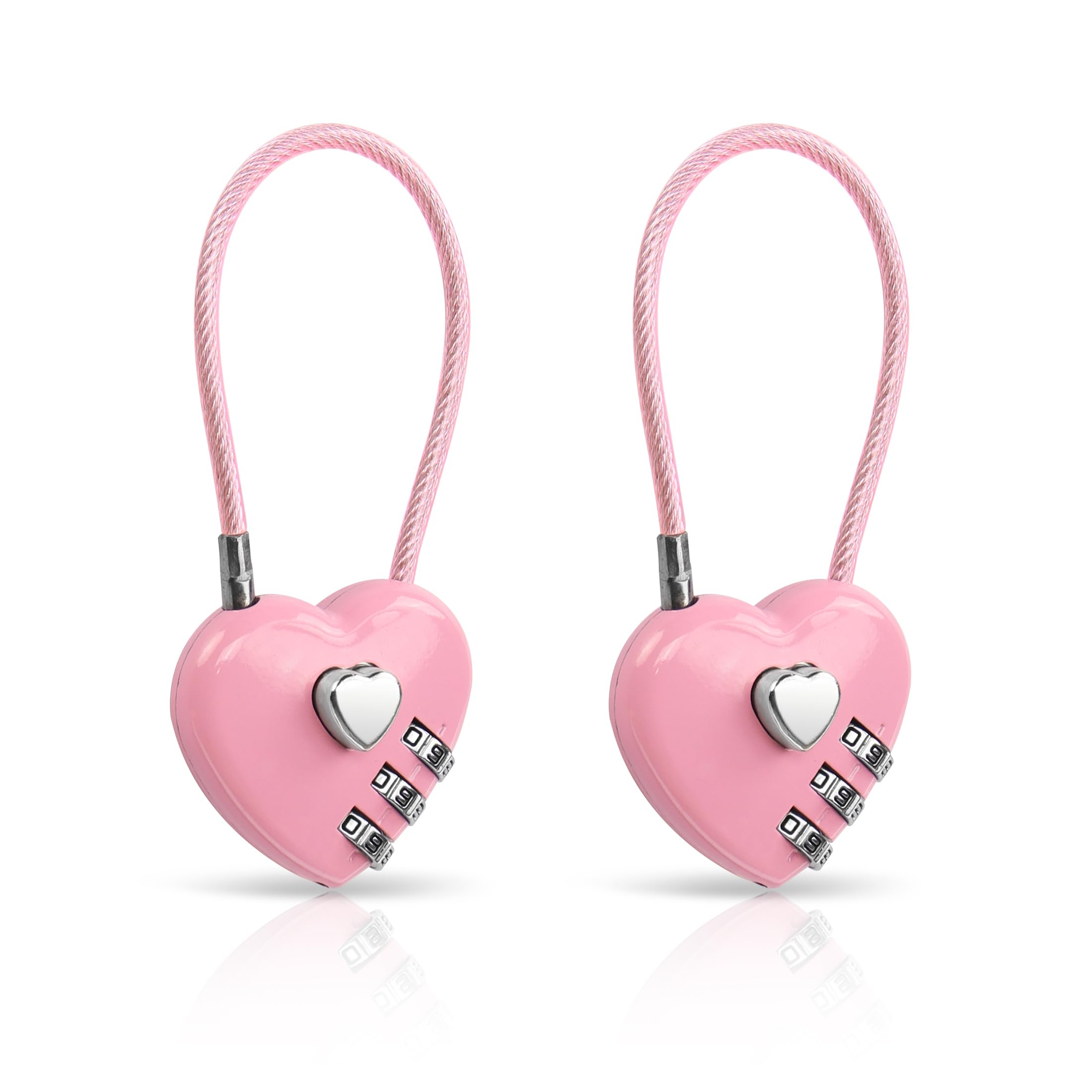 YAODHAOD 2 Pack Combination Lock, 3 Digit Heart Shaped Padlock for School Gym Locker, TSA Approved Cable Luggage Locks, Sports Locker Lock, Luggage,Fence,Backpack,Valentine Gift (Pink)