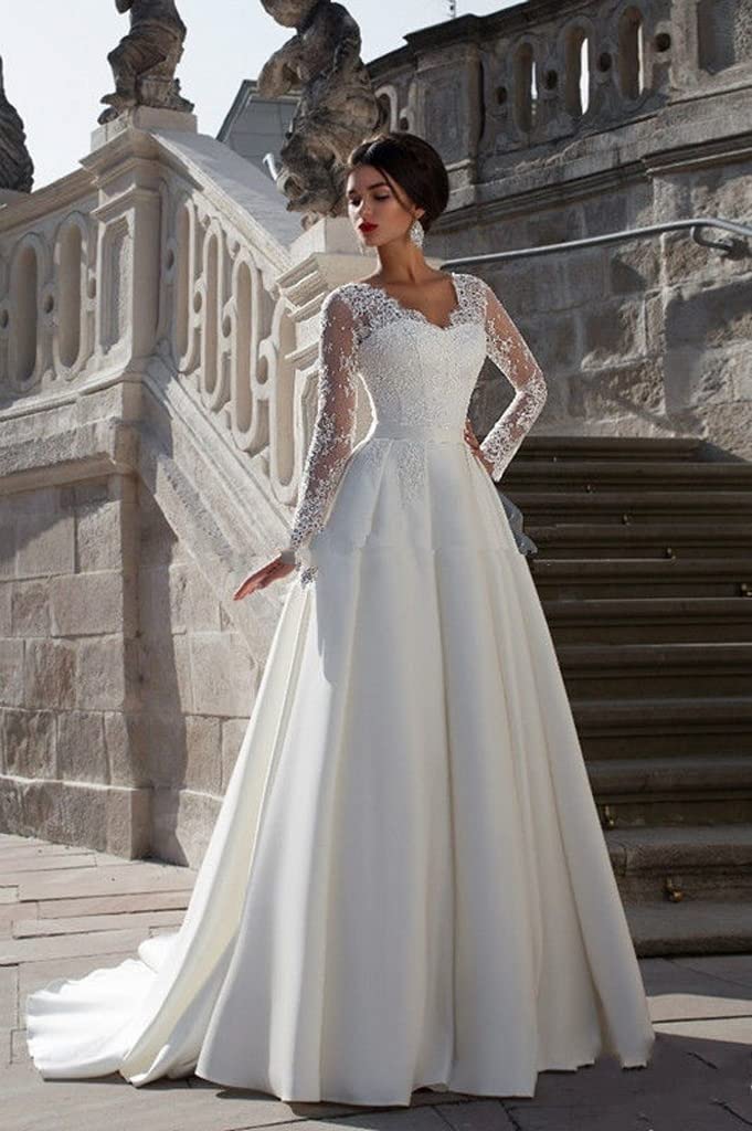 Vestido de Novia de Encaje de Manga Larga de Cola Larga Vestido de Novia Romántico Blanco Francés Vestido de Noche Mujer Grande, Blanco, US12