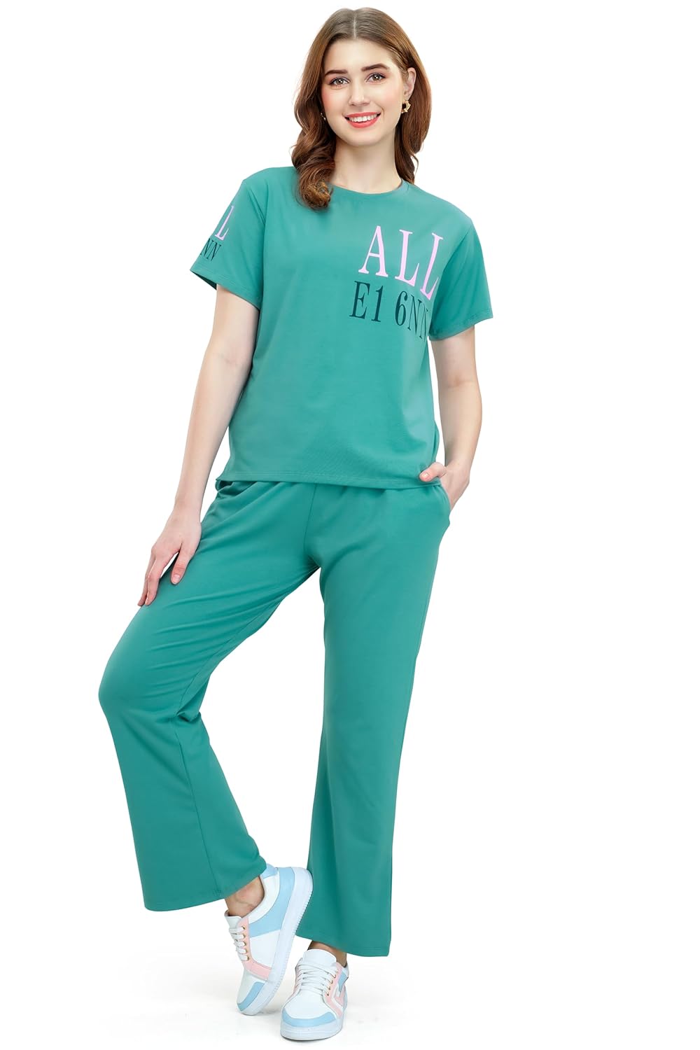 ZEYO Women’s Cotton Lycra Typography Night Suit Set – Wide Bottom Top & Pajama for Comfortable Sleepwear ZEYO Women’s Cotton Lycra Typography Night Suit Set – Wide Bottom Top & Pajama for Comfortable Sleepwear