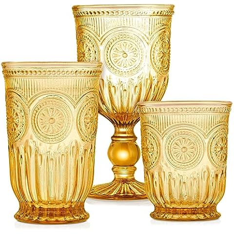 Yungala Amber Glassware Bundle - Amber Wine Glasses, Amber Highball Glasses & Amber Small Drinking Glasses - Matching Amber Glassware Sets with Sunflower Emboss Design Cover
