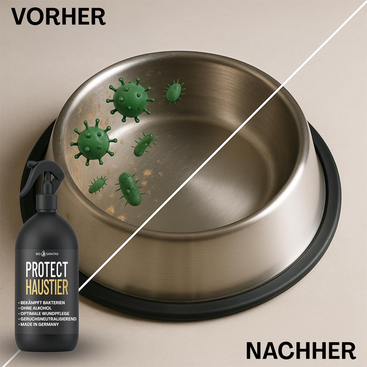 PROTECT Haustier Desinfektionsspray, 500 ml Hunde Desinfektion alkoholfrei für Katzen und Hunde, Desinfektionsmittel für Näpfe, Spielzeug, Transportboxen u.v.m., Geruchsneutralisierend