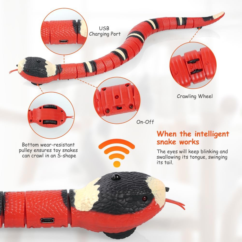 Adiwo Serpente Giocattolo per Gatti, Serpente Giocattolo USB Ricaricabile con Smart Sensing, Giocattolo Serpente Elettrico per Gatti, Coda Ostillante e Lingua Movibile Giocattoli Interattivi per Gatti