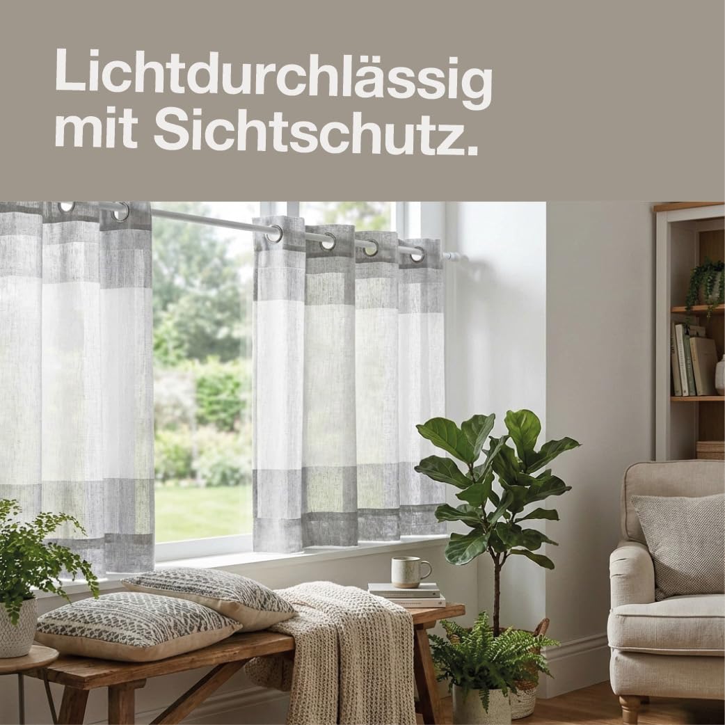 Happy Home 2er-Set Scheibengardine mit Ösen 140x50 cm – Halbtransparenter Vorhang Leinenoptik Grau Weiß – Moderne Bistrogardine für Küche & Bad – Küchengardine Kurz & Waschbar