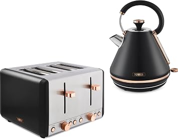 Tower Cavaletto Black & Rose Gold 1.7L 3KW Pyramid Kettle & 4 Slice 1800W Toaster. Contemporary Matching Kettle & 4 Slice Toaster Set in Black & Rose Gold