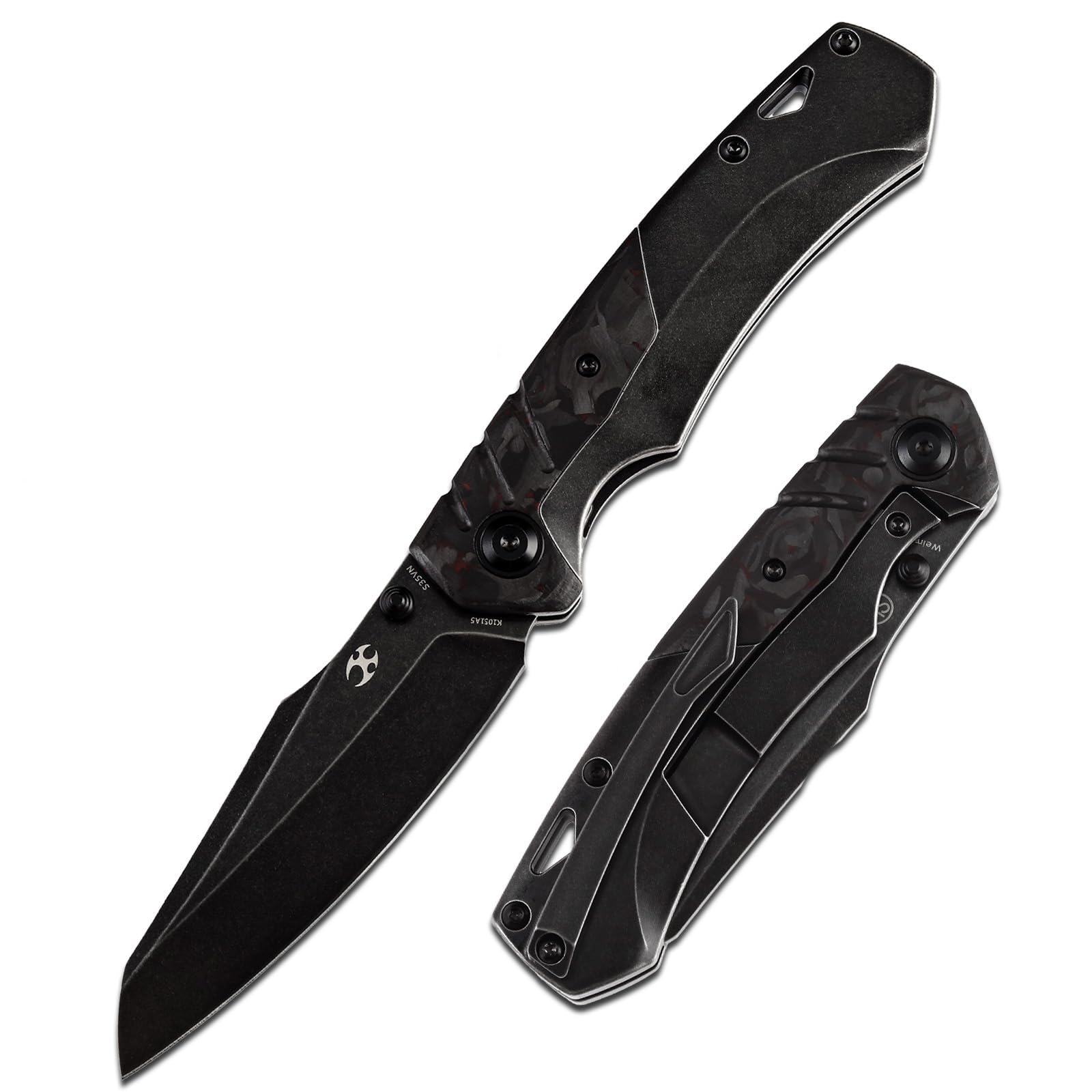 KANSEPT Weim Pocket Folding Knives for Men EDC Camping Knife 3.28'' Black Stonewashed CPM S35VN Material with Black Stonewashed Titanium + Red Carbon Fiber Handle K1051A5