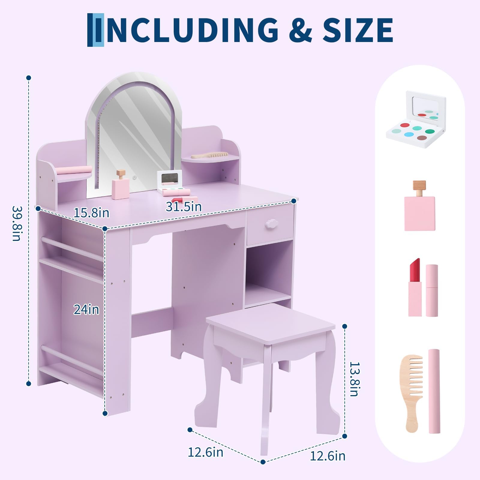 Coiffeuse Enfant avec Miroir LED, Tiroir Et Tabouret