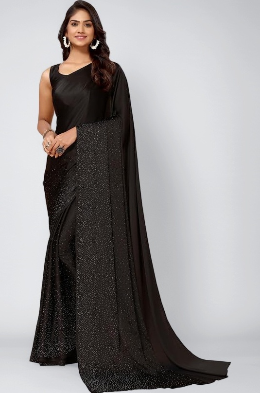 SIRIL Women's Satin Silk Hot Fixing Stone Work Saree with Unstitched Blouse