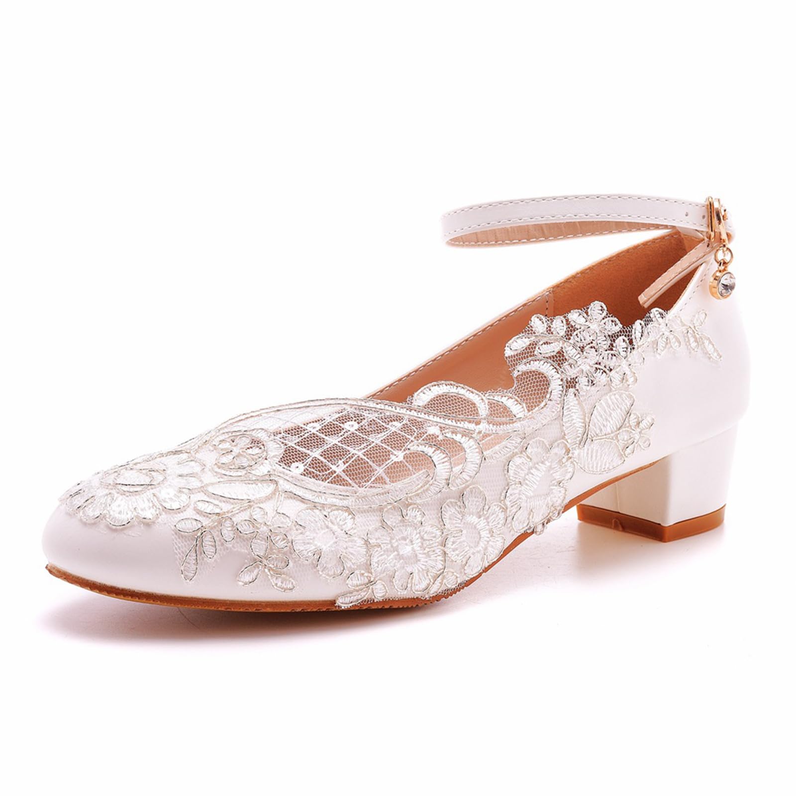 Damen Brautschuhe, 3 cm große Prinzessinnen-Pumps aus Netzstoff mit Spitzenblumen und runder Zehenpartie, Hochzeitsfeier, Geburtstag, Abend, Alltag, Büro, Brautsandalen