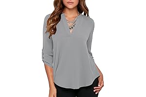 Roswear Women's Casual V Neck Cuffed Sleeves Solid Chiffon Blouse Top